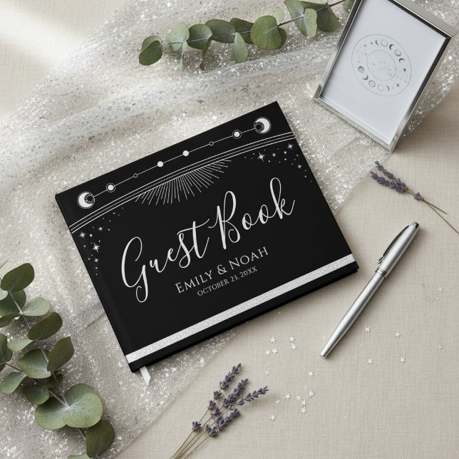 Celestial Black Silver Sun Moon Stars Wedding  Guest Book (Creator Uploaded)