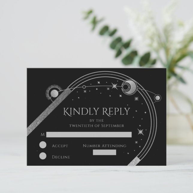 Celestial Black Silver Sun Moon Stars Wedding RSVP Card (Standing Front)