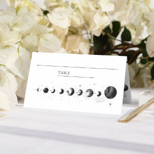 Celestial Black White Crescent Moon Phases Wedding Place Card