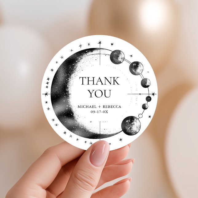 Celestial Black White Moon Phase Wedding Thank You Classic Round Sticker (Creator Uploaded)