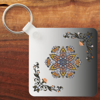 Celestial Bloom, Black and Gold Botanicals Keychain