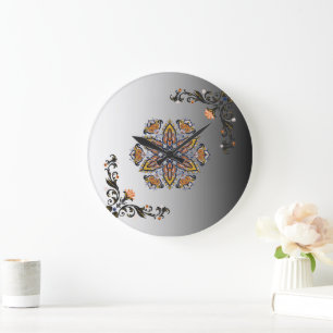 Celestial Bloom Black Gold Mandala Large Clock