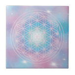 Celestial Bloom – Sacred Geometry Flower of Life Tile<br><div class="desc">A luminous interpretation of the sacred Flower of Life set against a dreamy celestial background.
Soft turquoise,  rose and violet tones create a calming atmosphere while the geometric pattern adds balance and harmony.

A perfect decorative piece for modern interiors,  meditation spaces or anyone drawn to sacred geometry.</div>