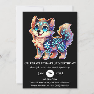 Celestial Bloom Wolf Birthday Invitation