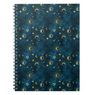 Celestial Blue and Gold Starry Night Crescent Moon Notebook