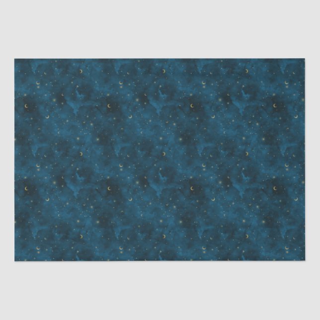 Celestial Blue and Gold Starry Night Crescent Moon Tissue Paper (Front)