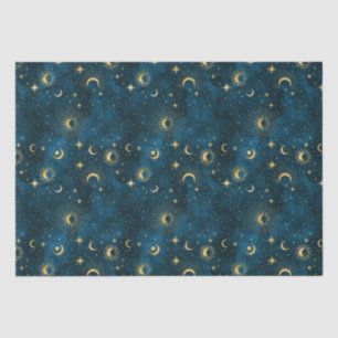 Celestial Blue and Gold Starry Night Crescent Moon Tissue Paper