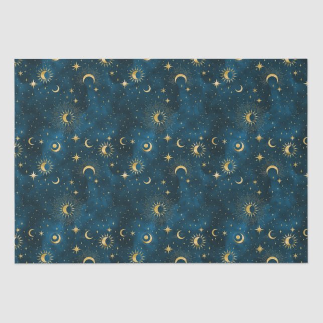 Celestial Blue and Gold Starry Night Crescent Moon Tissue Paper (Front)