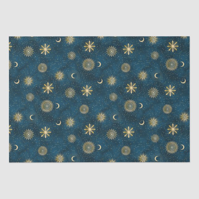 Celestial Blue and Gold Starry Night Crescent Moon Tissue Paper (Front)