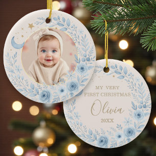 Celestial Blue Baby First Christmas Photo Ceramic Ornament