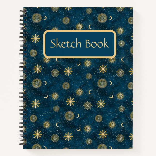 Celestial Blue & Gold Crescent Moon Sketch Book (Front)