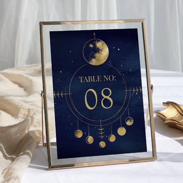 Celestial Blue Gold Moon Phases Wedding Table Number (Creator Uploaded)