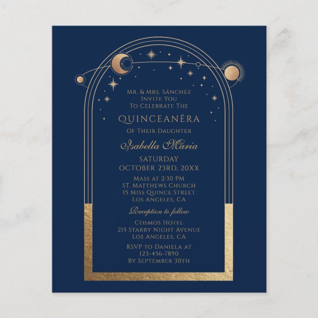 Celestial Blue Gold QR Code Quinceañera Flyer (Front)