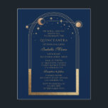 Celestial Blue Gold QR Code Quinceañera Flyer<br><div class="desc">Celestial Blue Gold QR Code Quinceañera Invitations features an elegant gold sun, moon and stars with a golden frame on a blue background. Inside is your custom Quinceañera invitation information. On the reverse add additional information such as your Quinceañera website and QR code. Personalize by editing the text in the...</div>