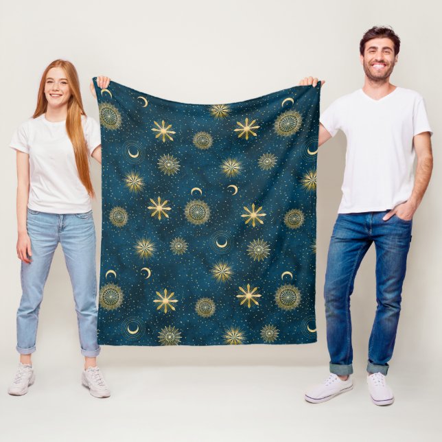 Celestial Blue & Gold Starry Night Crescent Moon Fleece Blanket (In Situ)