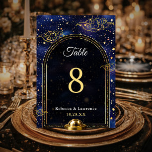 Celestial Blue Gold Stars Astronomy Wedding Table Number