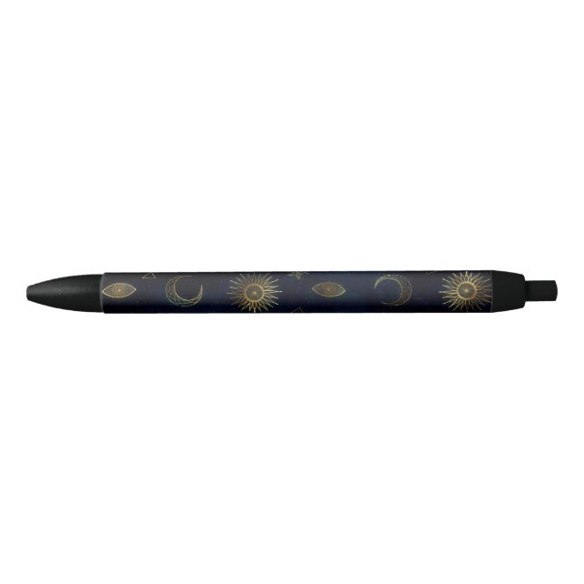 Celestial Blue Gold Sun Moon Stars Black Ink Pen (Front)