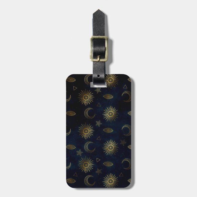 Celestial Blue Gold Sun Moon Stars Luggage Tag (Front Vertical)