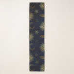 Celestial Blue Gold Sun Moon Stars Scarf<br><div class="desc">Modern universe gold celestial elements dark blue pattern,  featuring a collection of moons,  sun,  sunburst,  stars,  triangles and the mystical protective evil eye talisman,  in glowing faux gold foil,  on a deep blue,  dark blue background. A alchemy sacred geometry galaxy symbols illustration.</div>