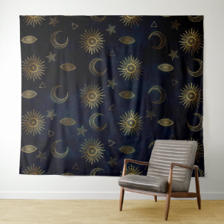 Celestial Blue Gold Sun Moon Stars Tapestry