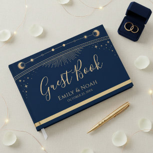 Celestial Blue Gold Sun Moon Stars Wedding  Guest Book