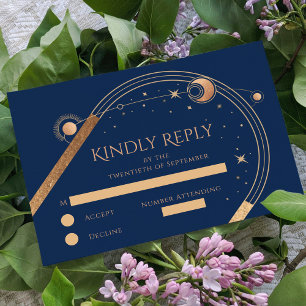 Celestial Blue Gold Sun Moon Stars Wedding RSVP Card