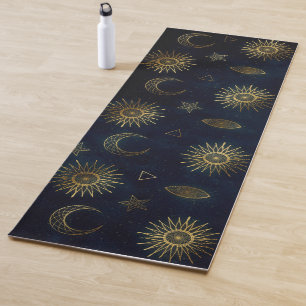 Celestial Blue Gold Sun Moon Stars Yoga Mat