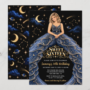 Celestial Blue Gold Sweet Sixteen Birthday Invitation