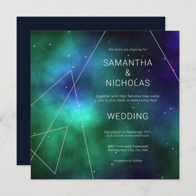 Celestial Blue Green Cosmic Abstract Cool Wedding  Invitation (Front/Back)