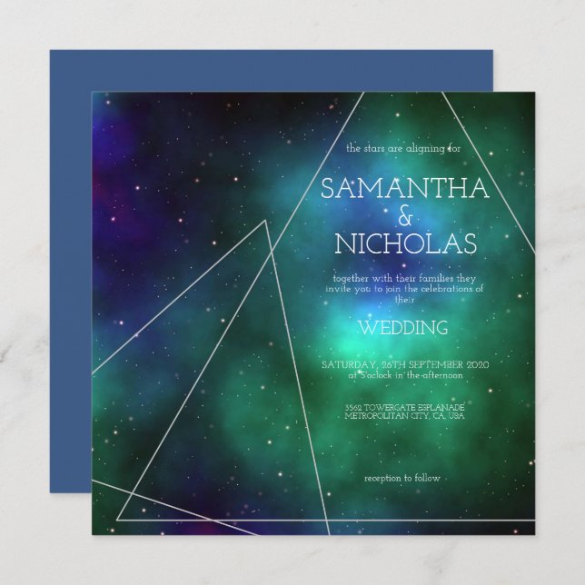 Celestial Blue Green Galaxy Abstract Wedding Invitation (Front/Back)