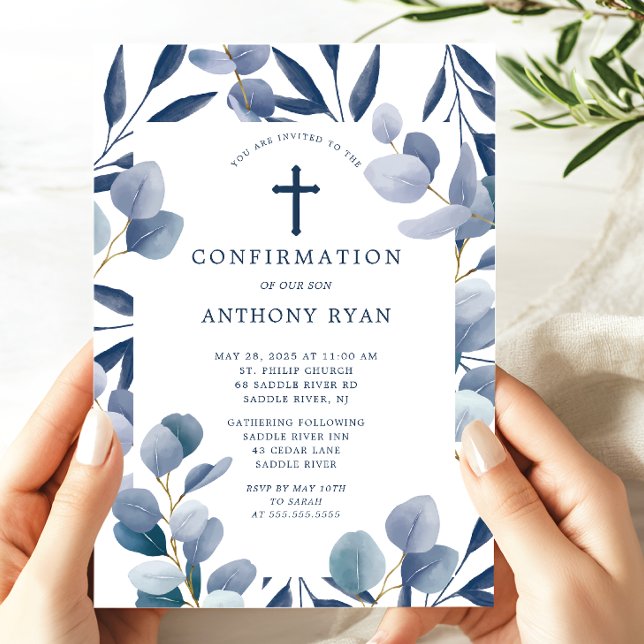 Celestial Blue Leaf Boys Confirmation Invitation (Creator Uploaded)