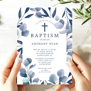 Celestial Blue Leaf garçons Baptême Invitation