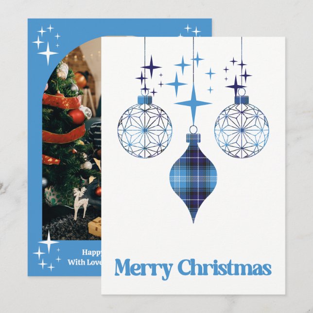 Celestial Blue Plaid Ornament Flat Holiday Card (Front/Back)