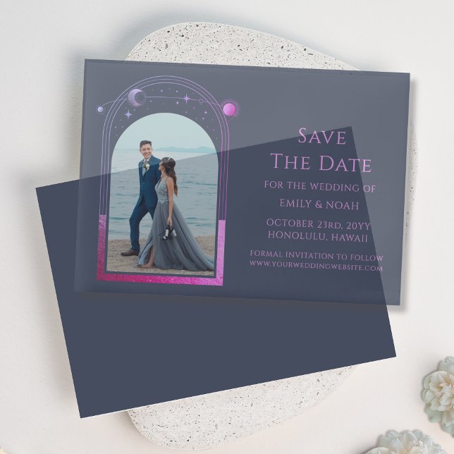 Celestial Blue Purple Photo Wedding Save The Date Vellum Invitations (Creator Uploaded)