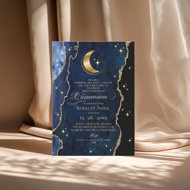  Celestial Blue Quinceanera Midnight Stars Moon  Invitation (Creator Uploaded)