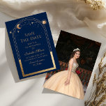 Celestial Blue Save The Date Birthday Quinceanera<br><div class="desc">Celestial Blue Save The Date Birthday Quinceanera Invitation features a gold sun, moon and stars frame on a blue background. Inside is your custom Quinceanera save the date information and on the reverse add your favourite photo. Personalize by editing the text in the text boxes. Designed for you by ©2024...</div>