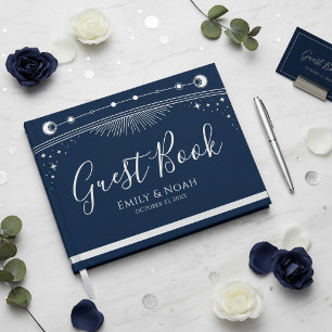 Celestial Blue Silver Sun Moon Stars Wedding Guest Book