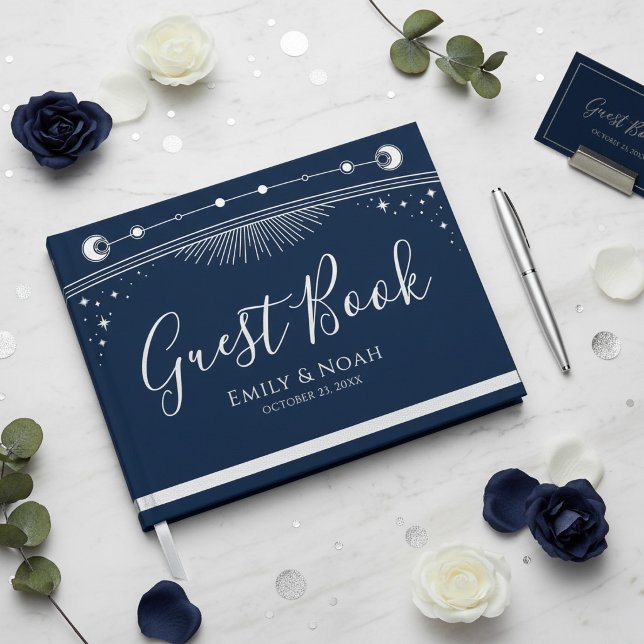 Celestial Blue Silver Sun Moon Stars Wedding  Guest Book (Creator Uploaded)