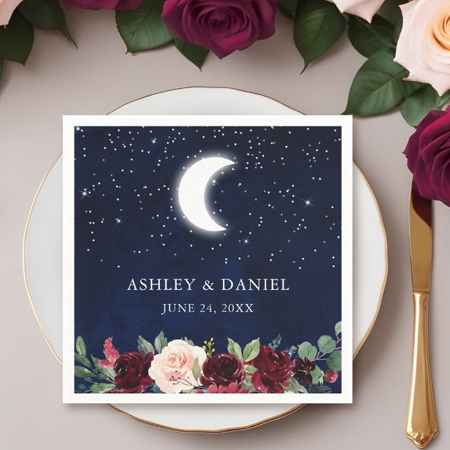Celestial Blue Sky Moon Stars Floral Wedding Napkin (Customize to change text size, style or to add more text.)