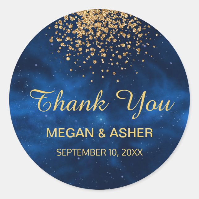 Celestial Blue Universe with Gold Confetti Classic Round Sticker (Front)