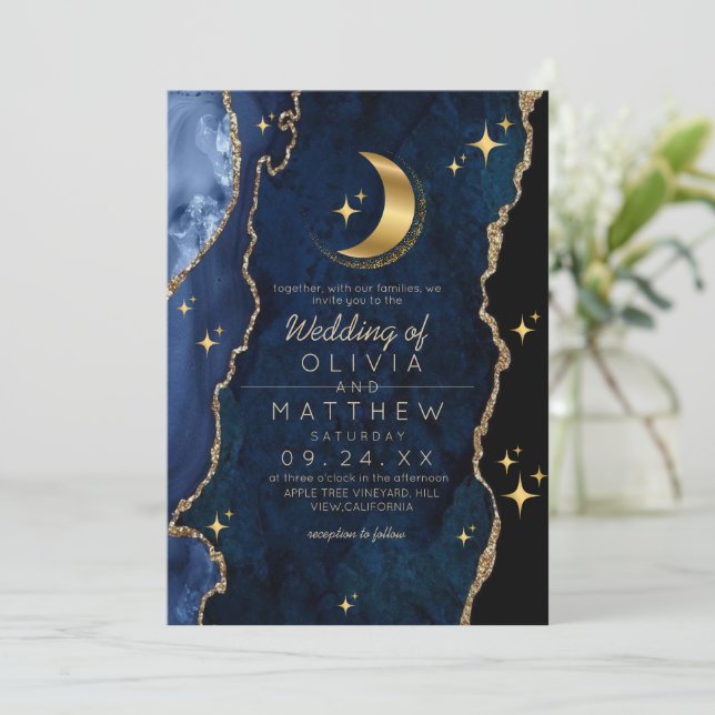 Celestial Blue Wedding Midnight Stars Moon  Invitation (Standing Front)