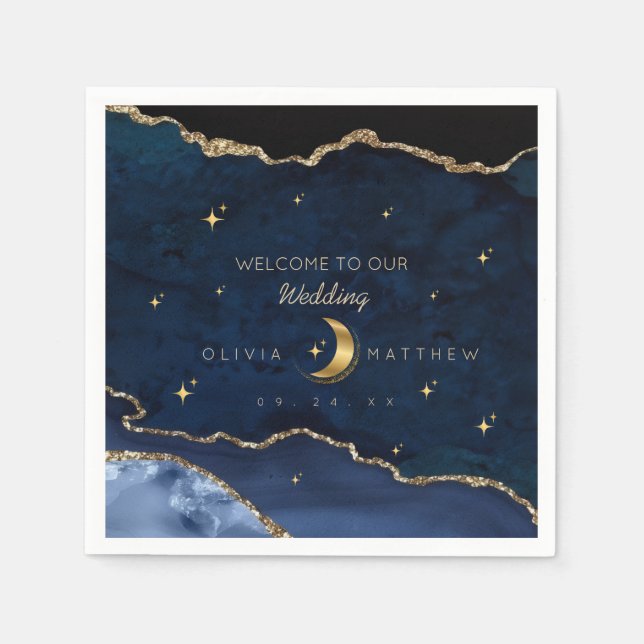 Celestial Blue Wedding Midnight Stars Moon  Napkin (Front)
