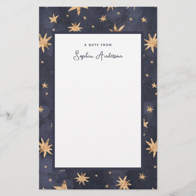 Celestial Blue with Faux Gold Stars Stationery (Front)