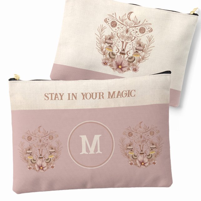 Celestial Boho Moth Mushrooms Monogram Name Accessory Pouch (Celestial Boho Moth Mushrooms Monogram Name Accessory Pouch)