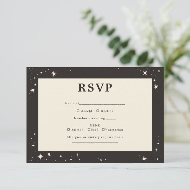 Celestial Boho stars Wedding RSVP card (Standing Front)