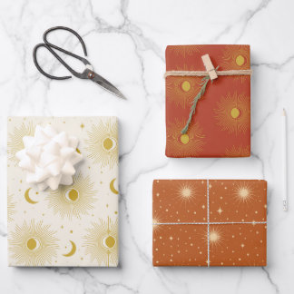 Celestial Boho Terracotta Gold Sun Moon Trendy Wrapping Paper Sheet