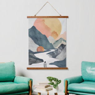 Celestial Boho Woman Golden Coral Mountain Journey Hanging Tapestry