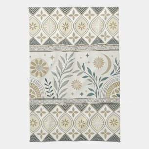 Celestial Botanical Folk Art Seamless Pattern Kitchen Towel