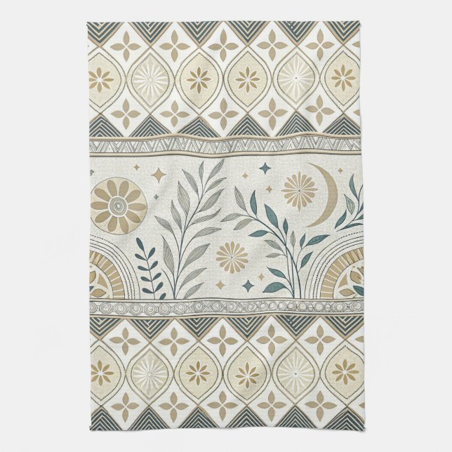 Celestial Botanical Folk Art Seamless Pattern Kitchen Towel (Vertical)