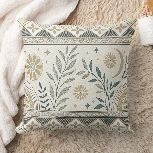 Celestial Botanical Folk Art Seamless Pattern Throw Pillow (Blanket)